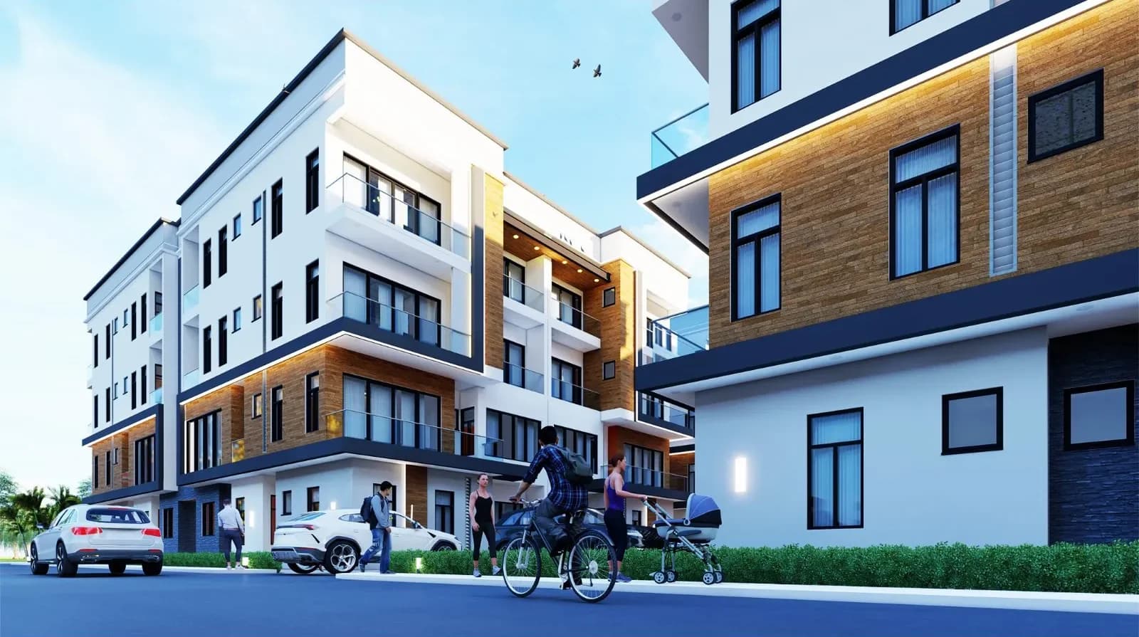 Contemporary townhouse terrace with timber-clad facades and street parking