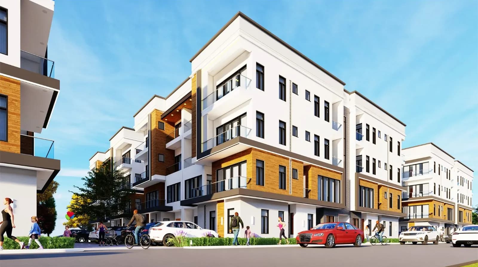 Modern four-storey townhouses with timber accents and balconies on a tree-lined street