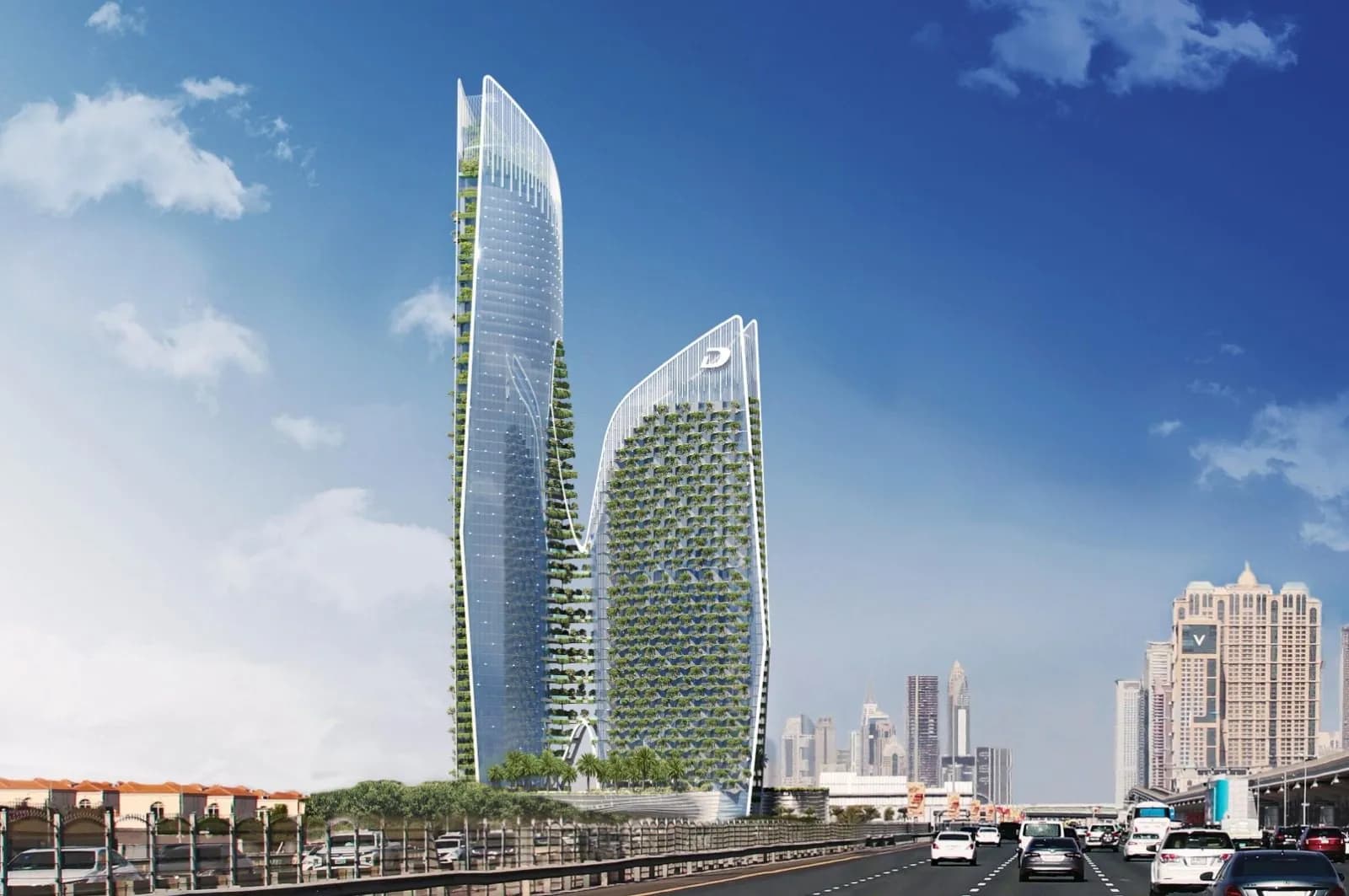 Twin glass towers with vertical gardens beside a busy city expressway
