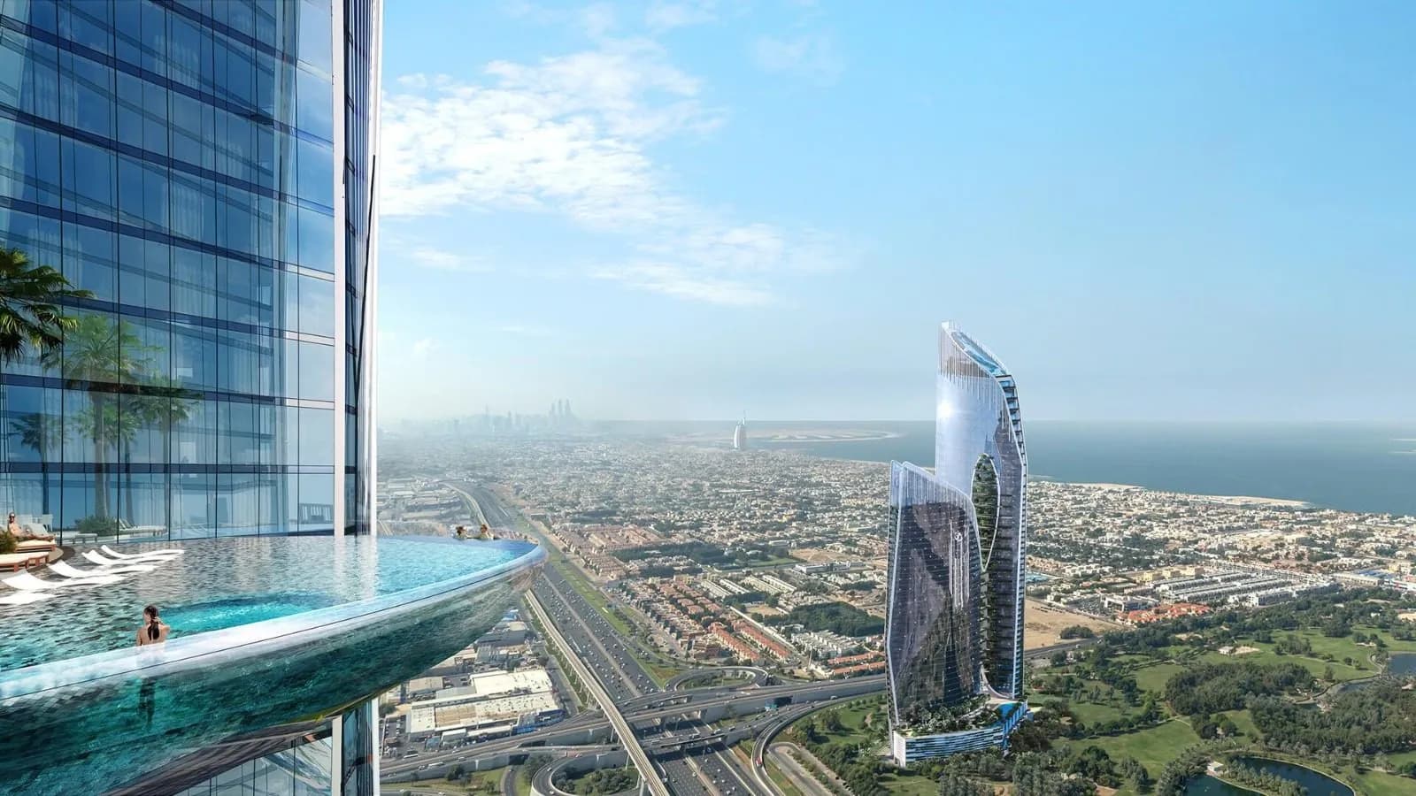Infinity pool overlooking a coastal city skyline and a curved glass tower