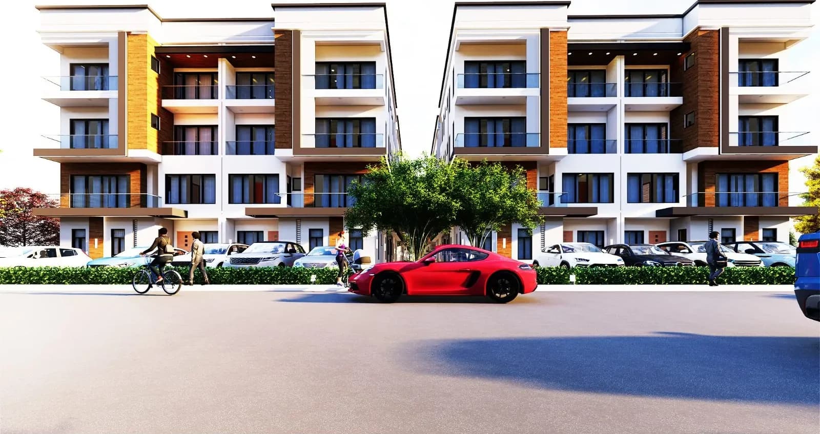 Two modern townhouse blocks with balconies and a landscaped frontage