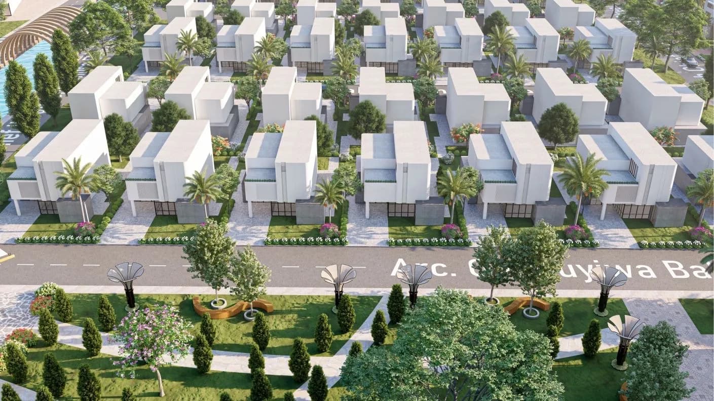 Aerial view of an Arrayhan estate with rows of detached homes along landscaped streets