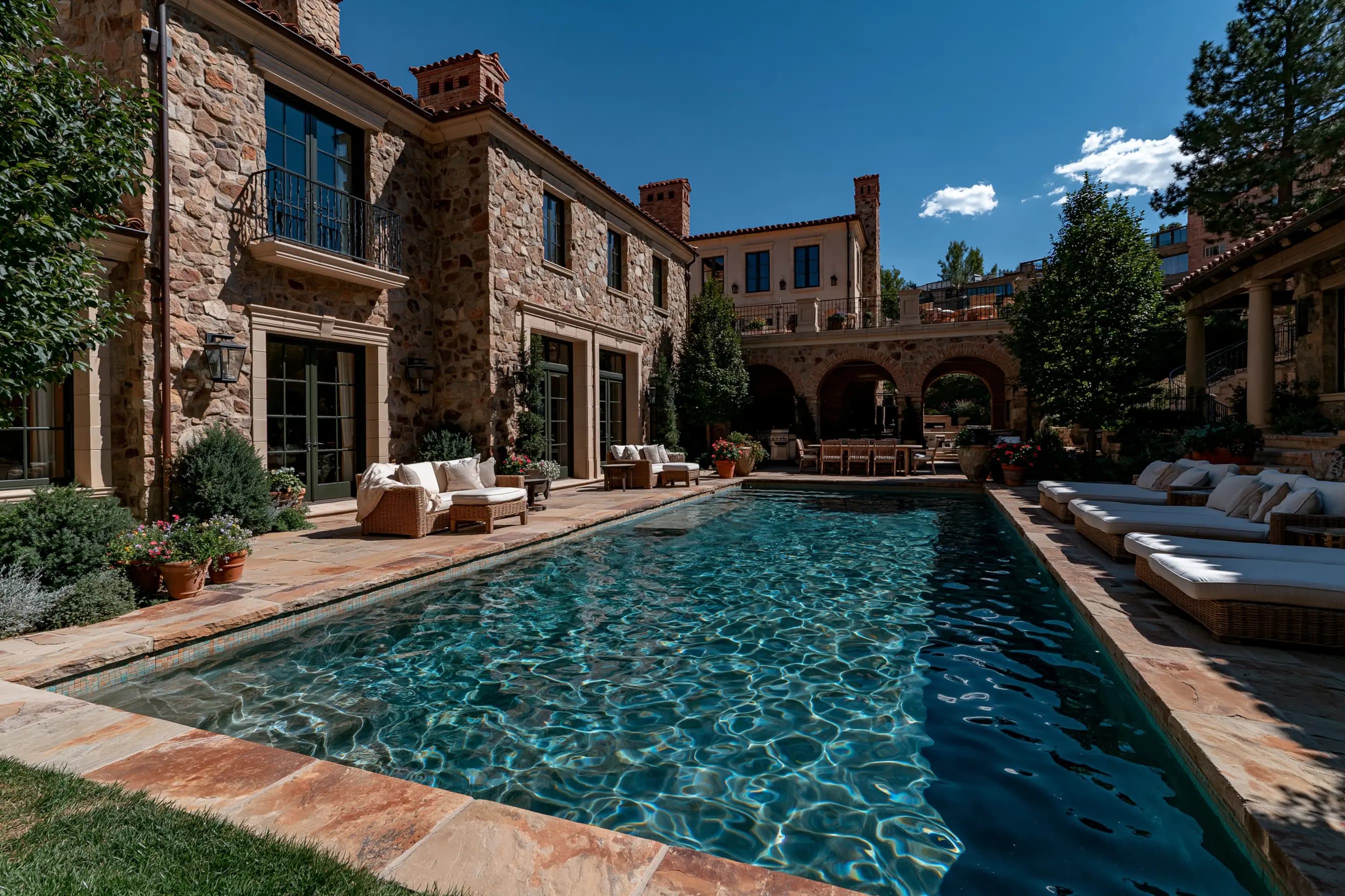 Stone-clad Mediterranean estate with a courtyard pool and arched breezeway