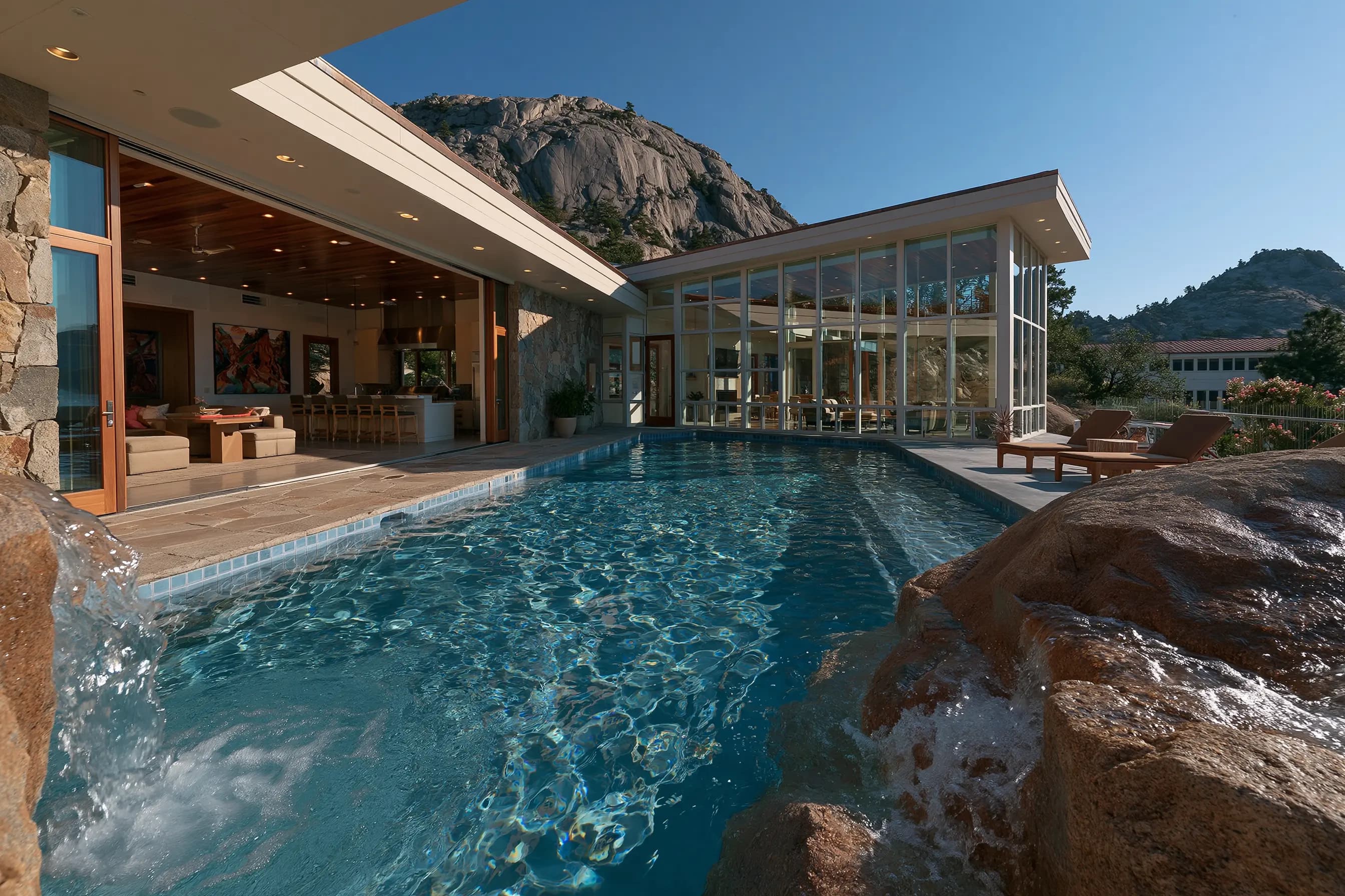 Contemporary glass-walled house with an outdoor pool bordered by boulders, set against a granite mountain outcrop in daylight